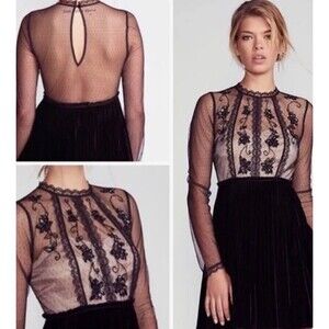Free People Ariel Dress Womens 6 Black Lace Sequin Tulle Velvet Pleated Party